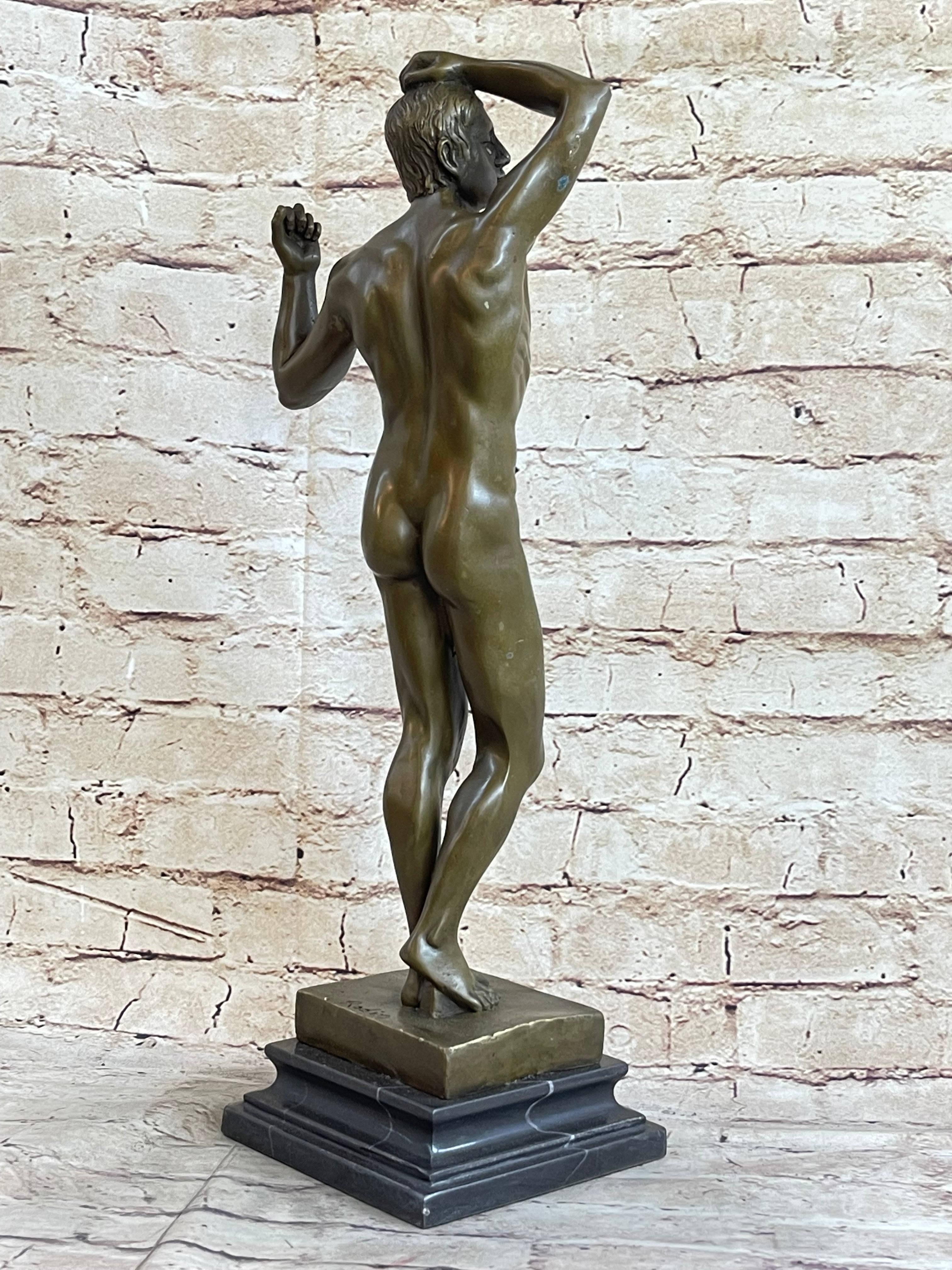 SIGNED VINTAGE CLASSICAL BRONZE SCULPTURE STATUE EROTIC ART DECO NUDE MALE GAY