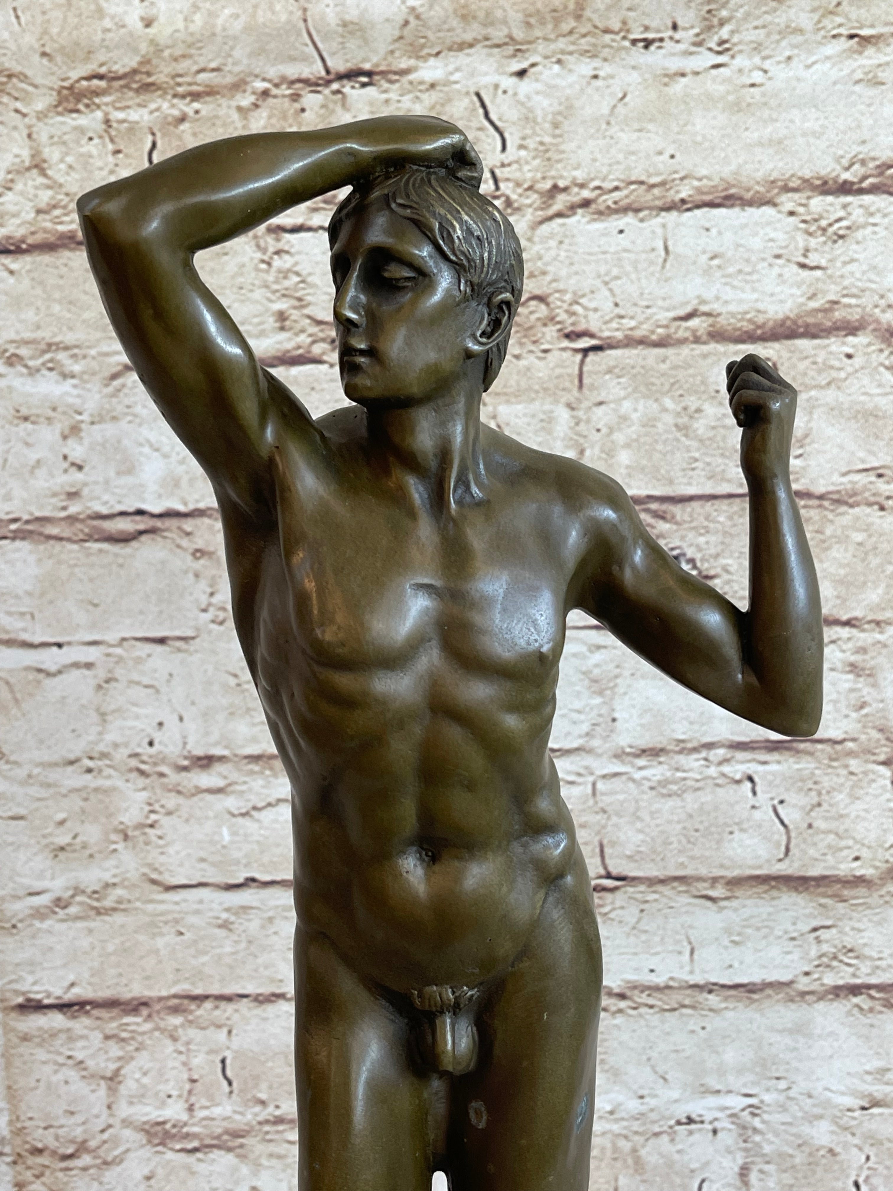 SIGNED VINTAGE CLASSICAL BRONZE SCULPTURE STATUE EROTIC ART DECO NUDE MALE GAY
