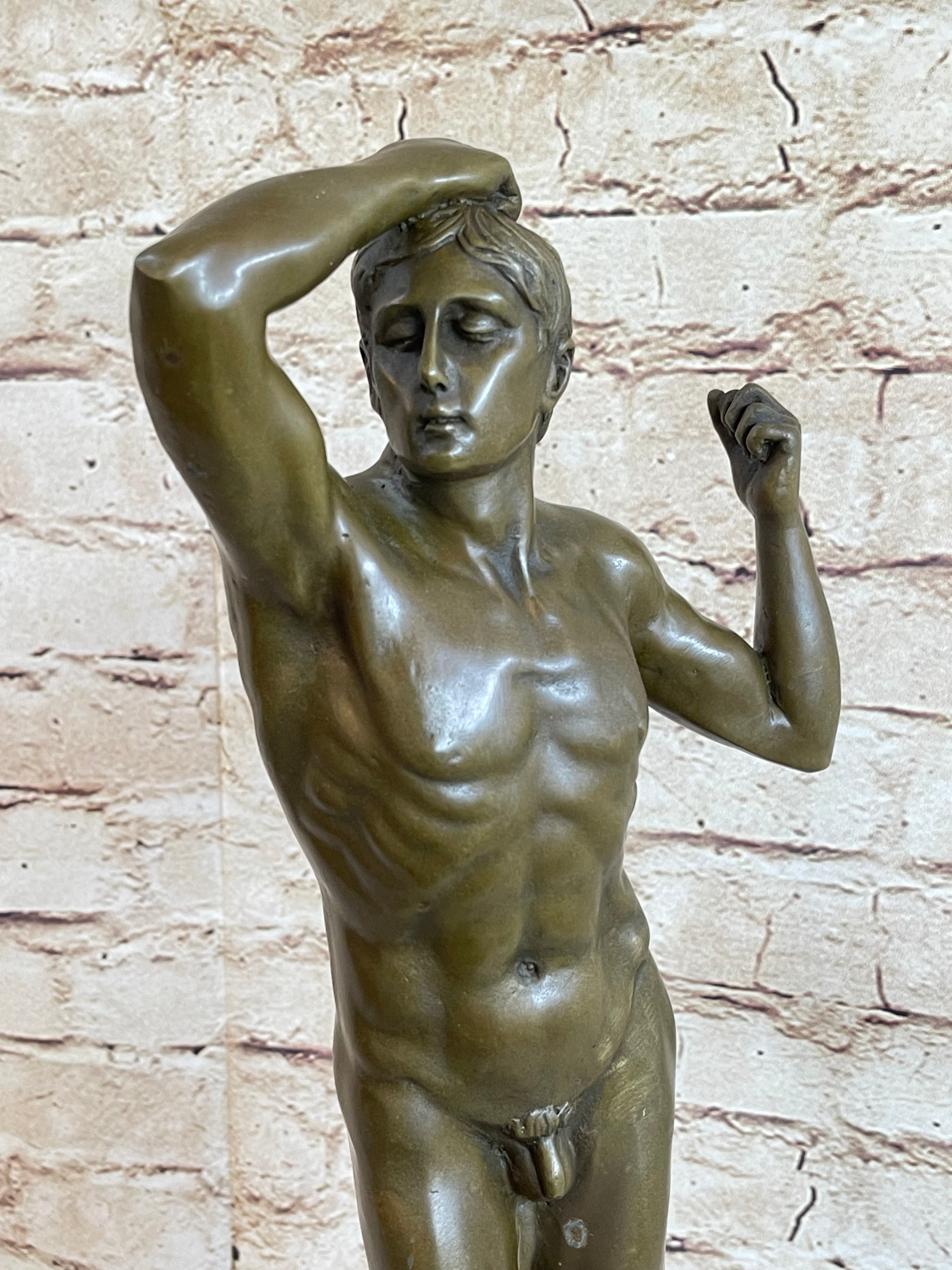 SIGNED VINTAGE CLASSICAL BRONZE SCULPTURE STATUE EROTIC ART DECO NUDE MALE GAY