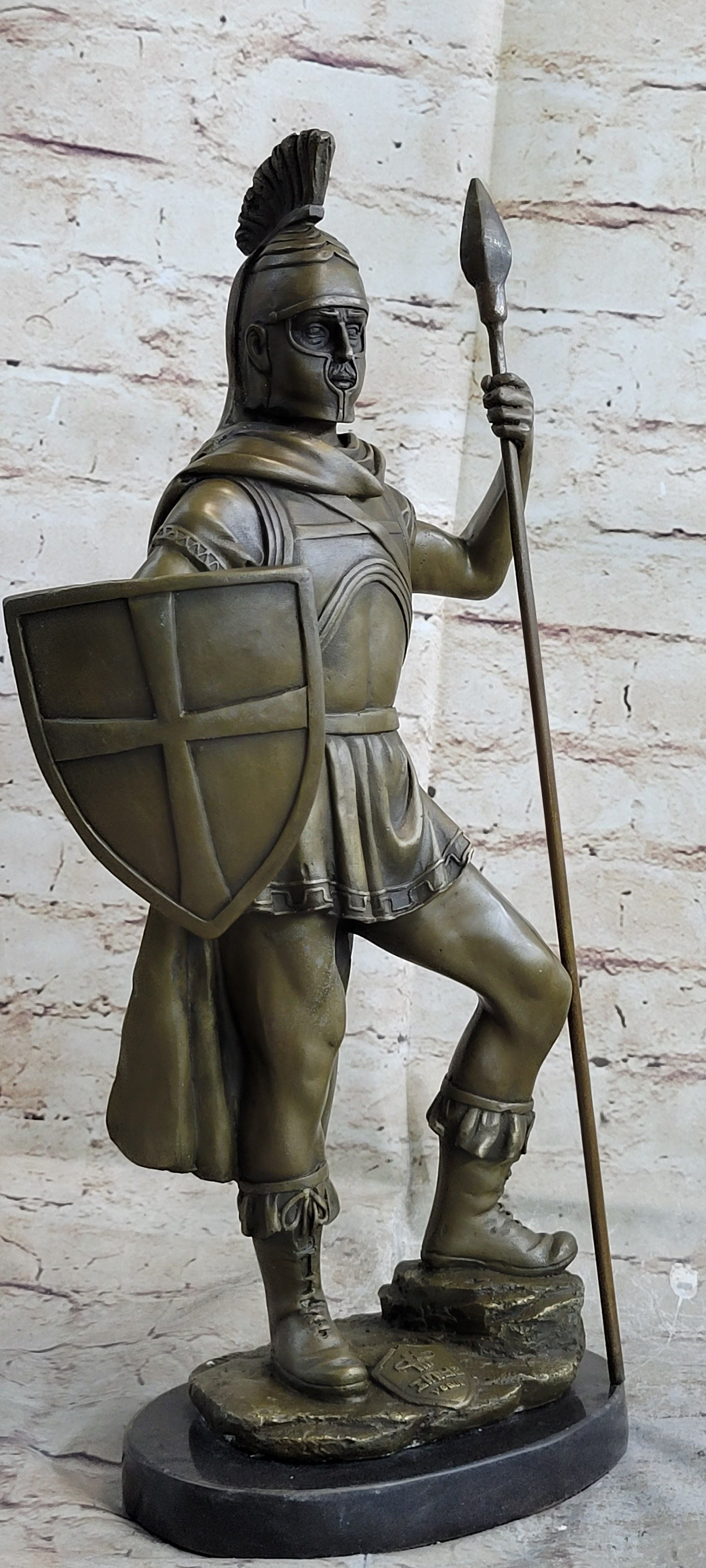 Roman Warrior W/ Sword and Spear Bronze Marble Sculpture