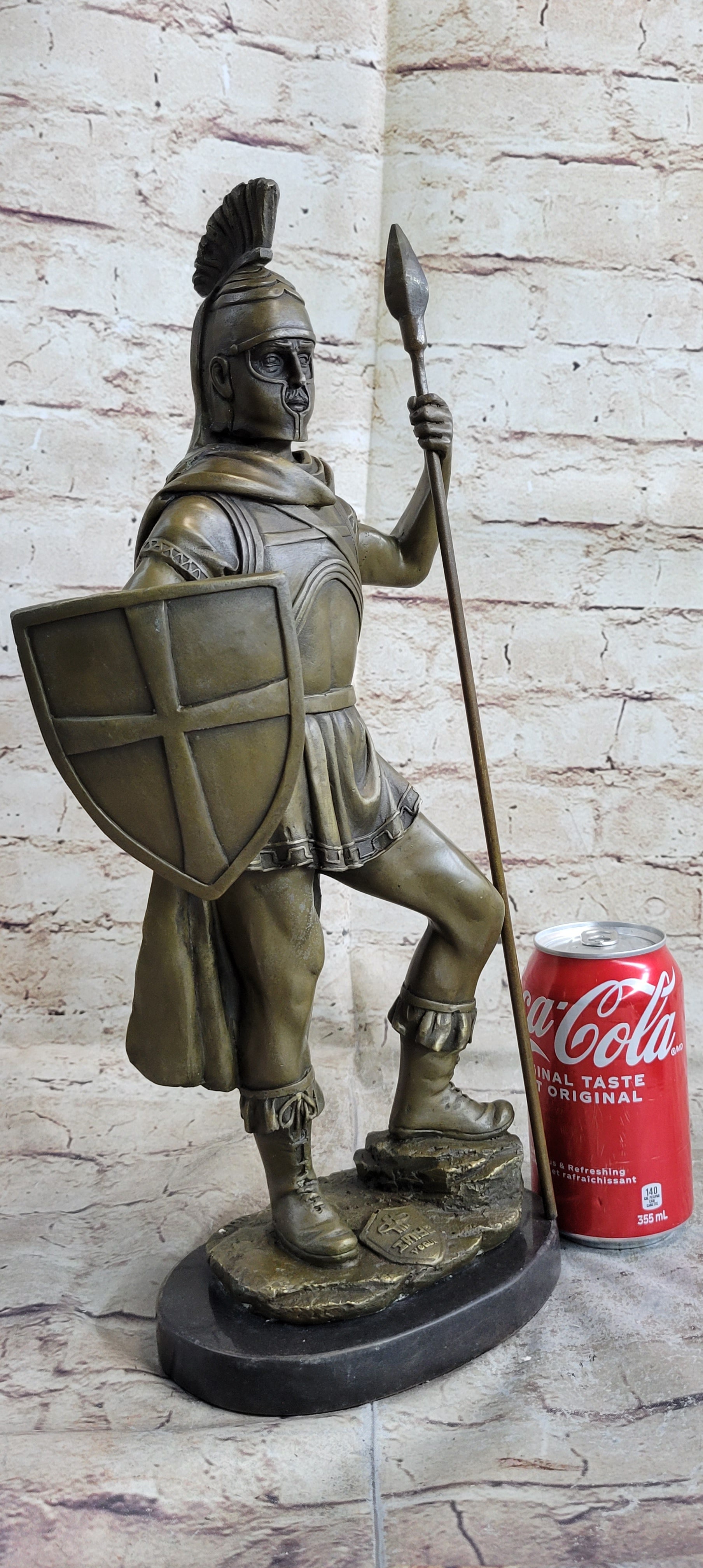 Roman Warrior W/ Sword and Spear Bronze Marble Sculpture