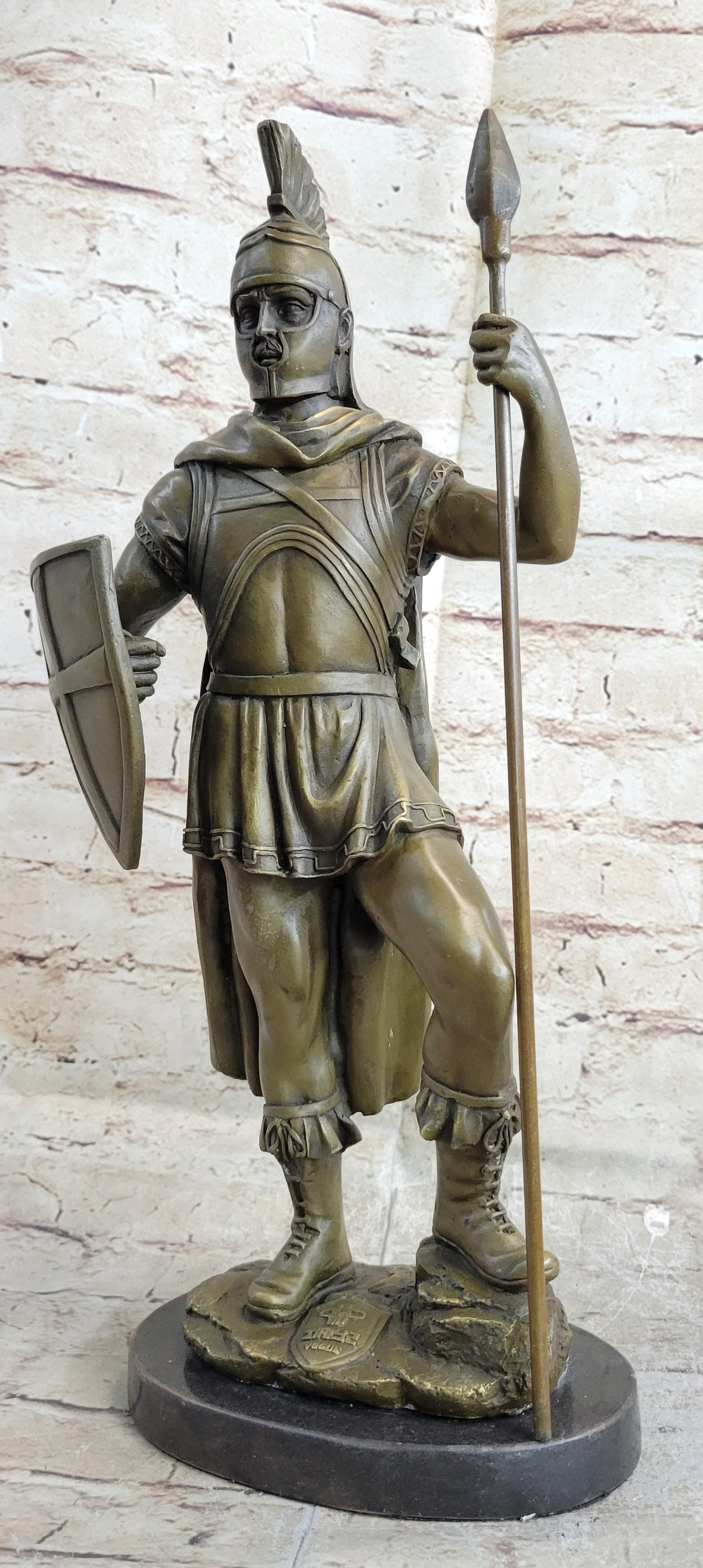 Roman Warrior W/ Sword and Spear Bronze Marble Sculpture