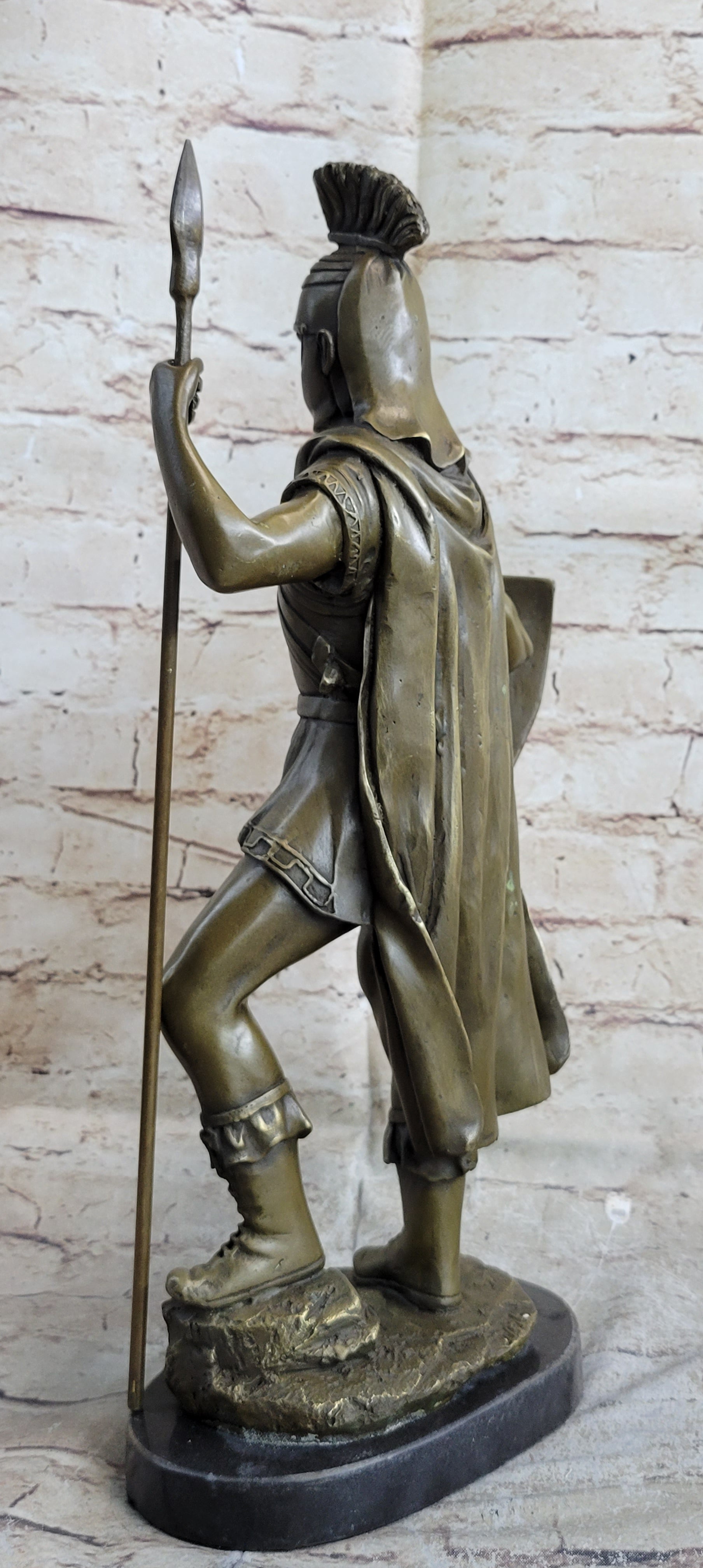 Roman Warrior W/ Sword and Spear Bronze Marble Sculpture