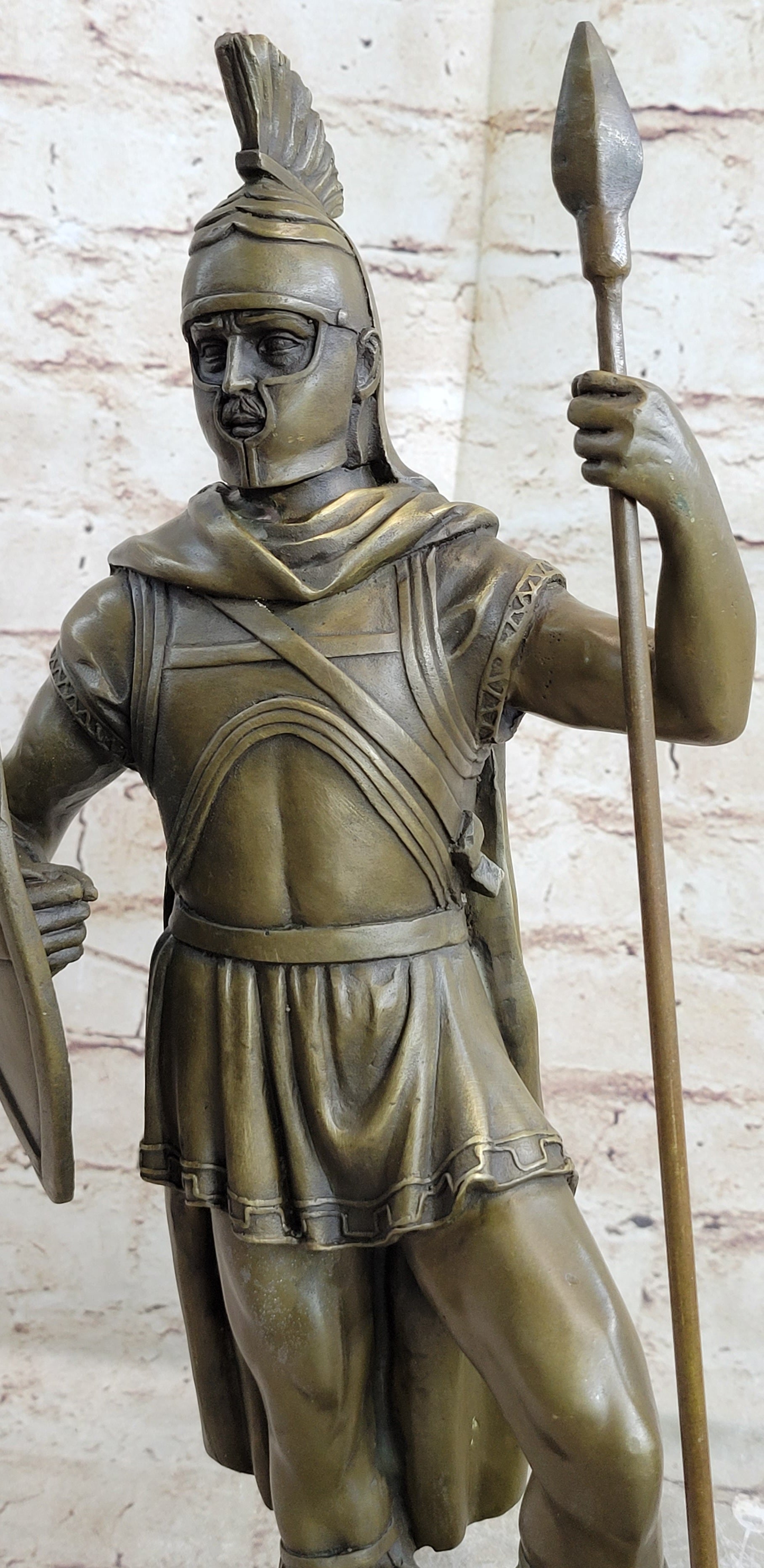 Roman Warrior W/ Sword and Spear Bronze Marble Sculpture