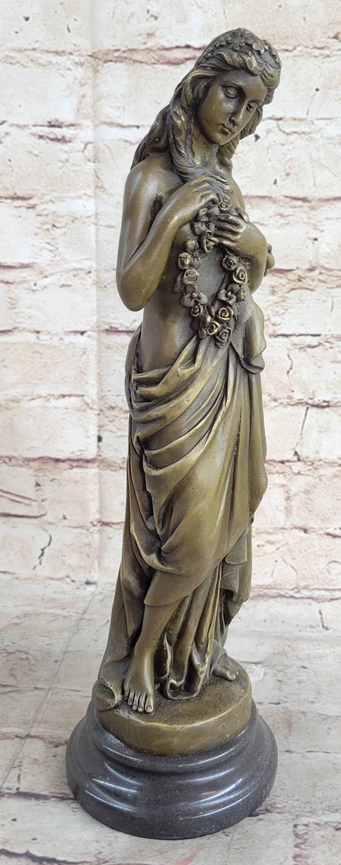 Young Girl Holding Floral Wreath Lei Bronze Sculpture Figure 13" x 4"