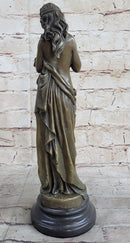 Young Girl Holding Floral Wreath Lei Bronze Sculpture Figure 13" x 4"