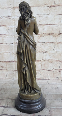 Young Girl Holding Floral Wreath Lei Bronze Sculpture Figure 13" x 4"
