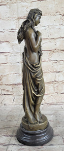 Young Girl Holding Floral Wreath Lei Bronze Sculpture Figure 13" x 4"