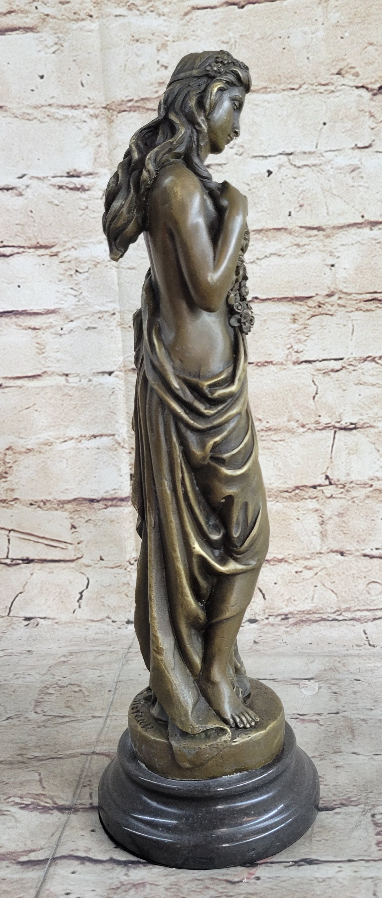 Young Girl Holding Floral Wreath Lei Bronze Sculpture Figure 13" x 4"