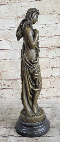 Young Girl Holding Floral Wreath Lei Bronze Sculpture Figure 13" x 4"