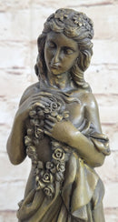 Young Girl Holding Floral Wreath Lei Bronze Sculpture Figure 13" x 4"