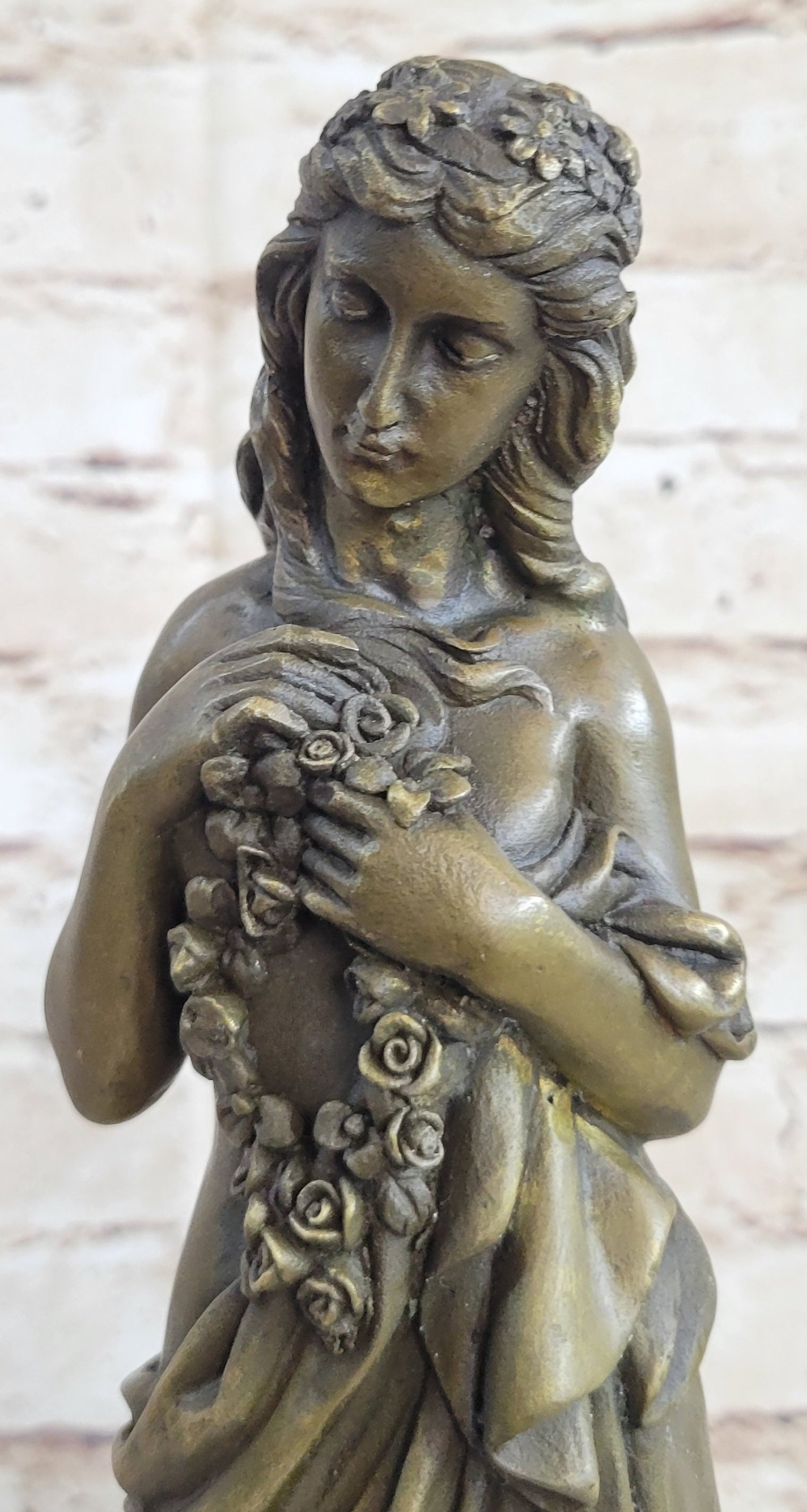 Young Girl Holding Floral Wreath Lei Bronze Sculpture Figure 13" x 4"