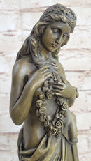 Young Girl Holding Floral Wreath Lei Bronze Sculpture Figure 13" x 4"