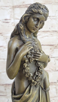 Young Girl Holding Floral Wreath Lei Bronze Sculpture Figure 13" x 4"
