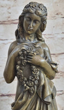 Young Girl Holding Floral Wreath Lei Bronze Sculpture Figure 13" x 4"