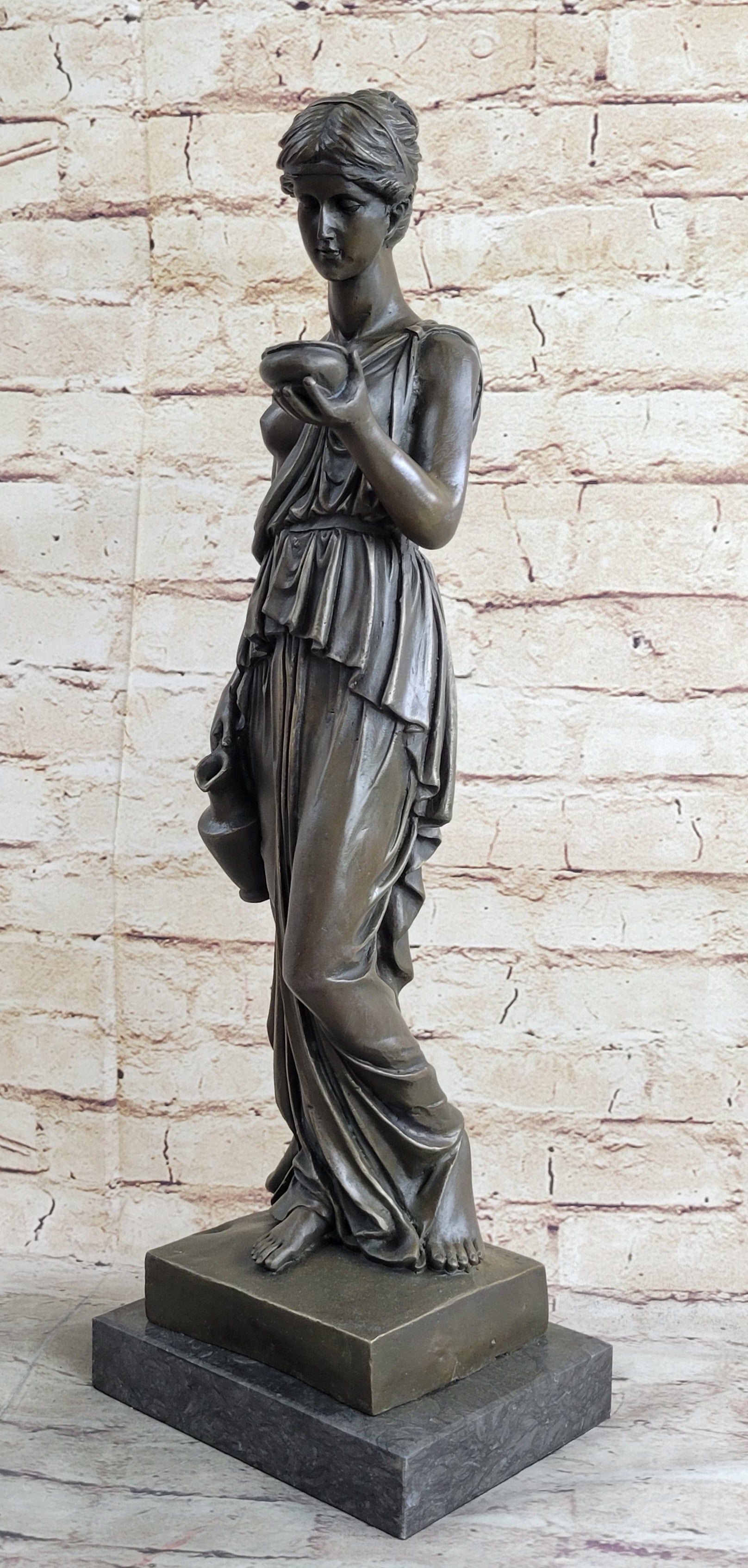 Signed Milo Young Nude Roman Girl Holding Cup of Wine Bronze Sculpture