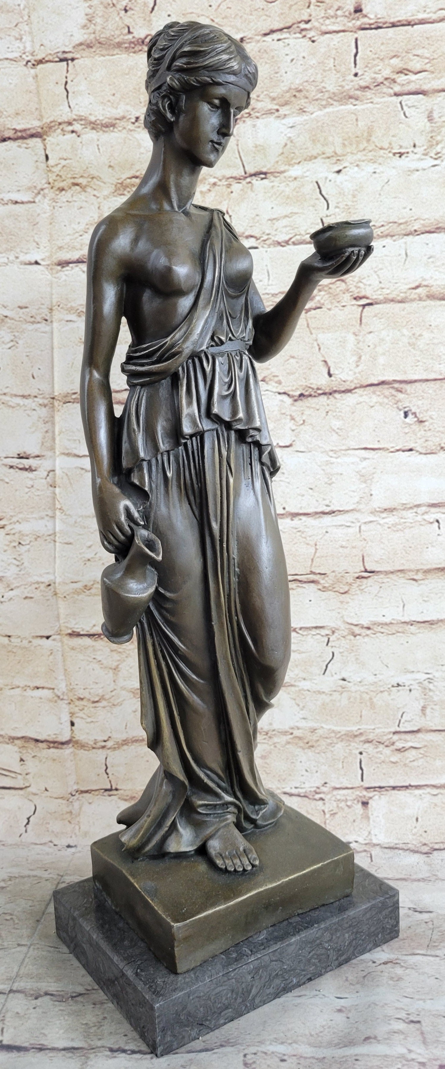 Signed Milo Young Nude Roman Girl Holding Cup of Wine Bronze Sculpture