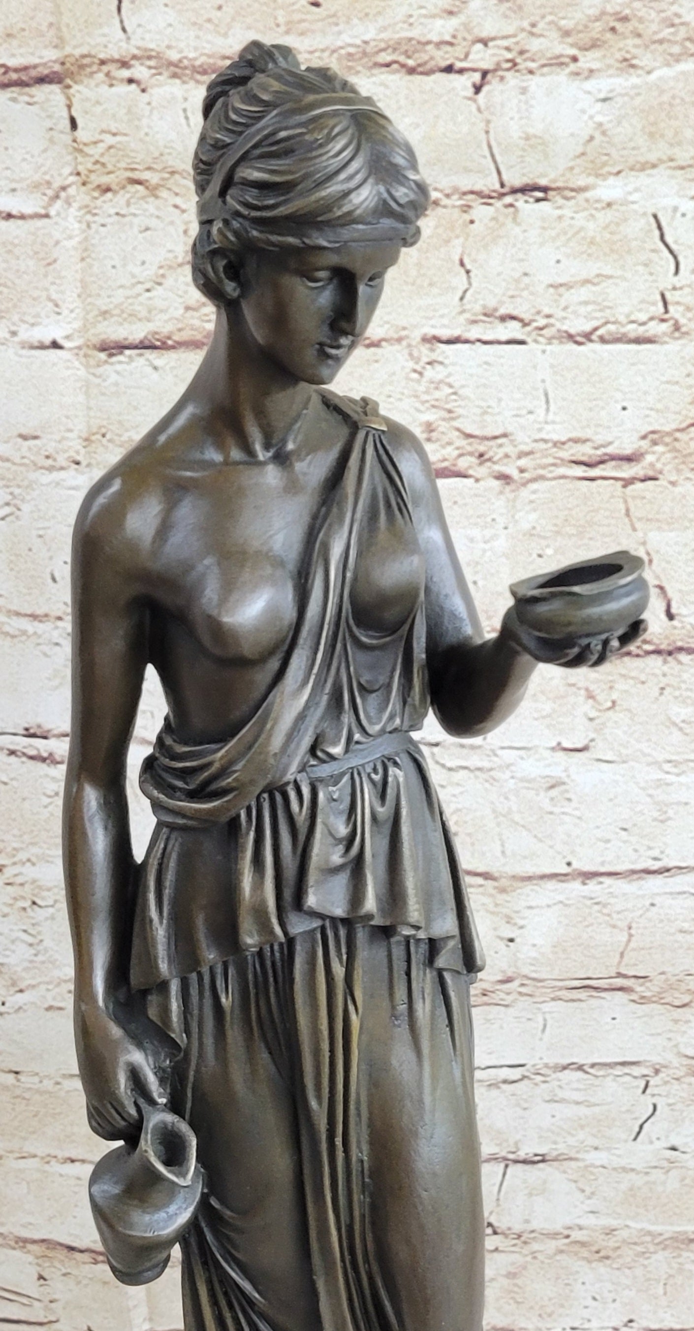 Signed Milo Young Nude Roman Girl Holding Cup of Wine Bronze Sculpture