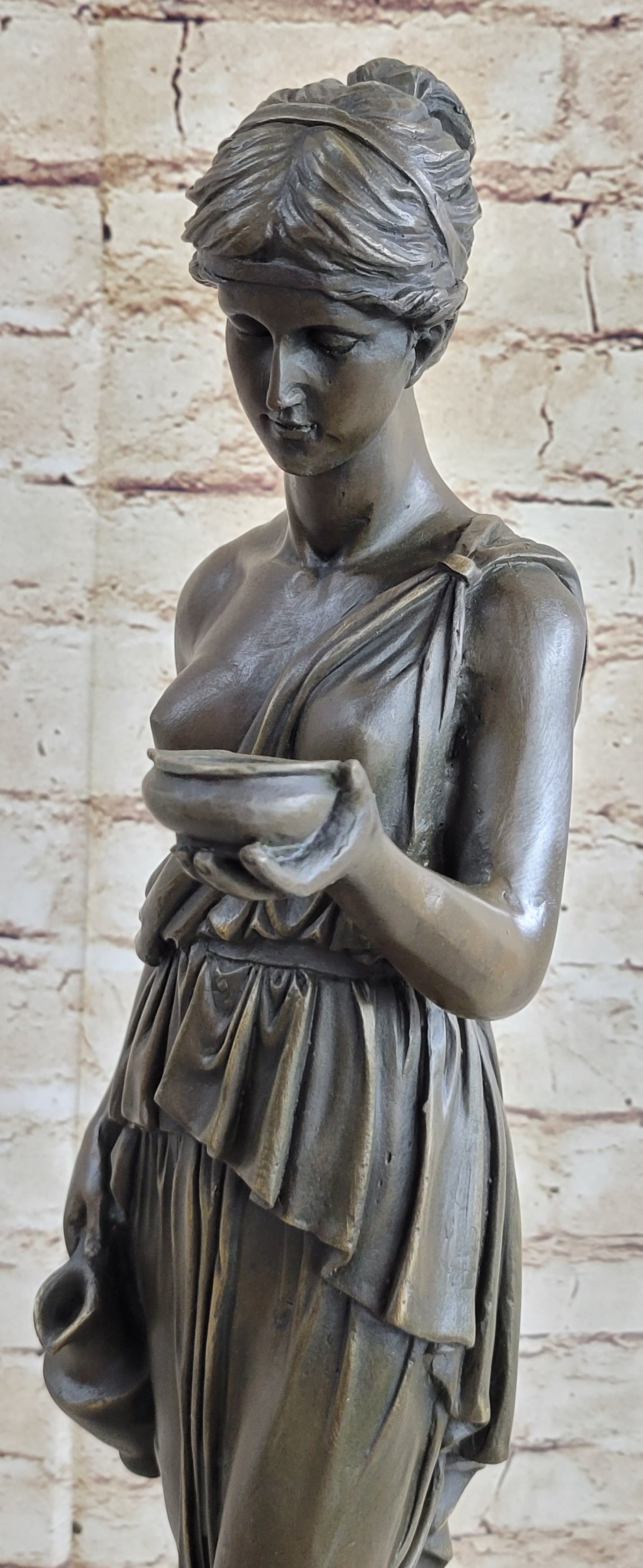 Signed Milo Young Nude Roman Girl Holding Cup of Wine Bronze Sculpture