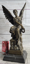 Bronze Seated Angel Holding Wreath Sculpture 17" x 9"