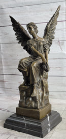 Bronze Seated Angel Holding Wreath Sculpture 17" x 9"