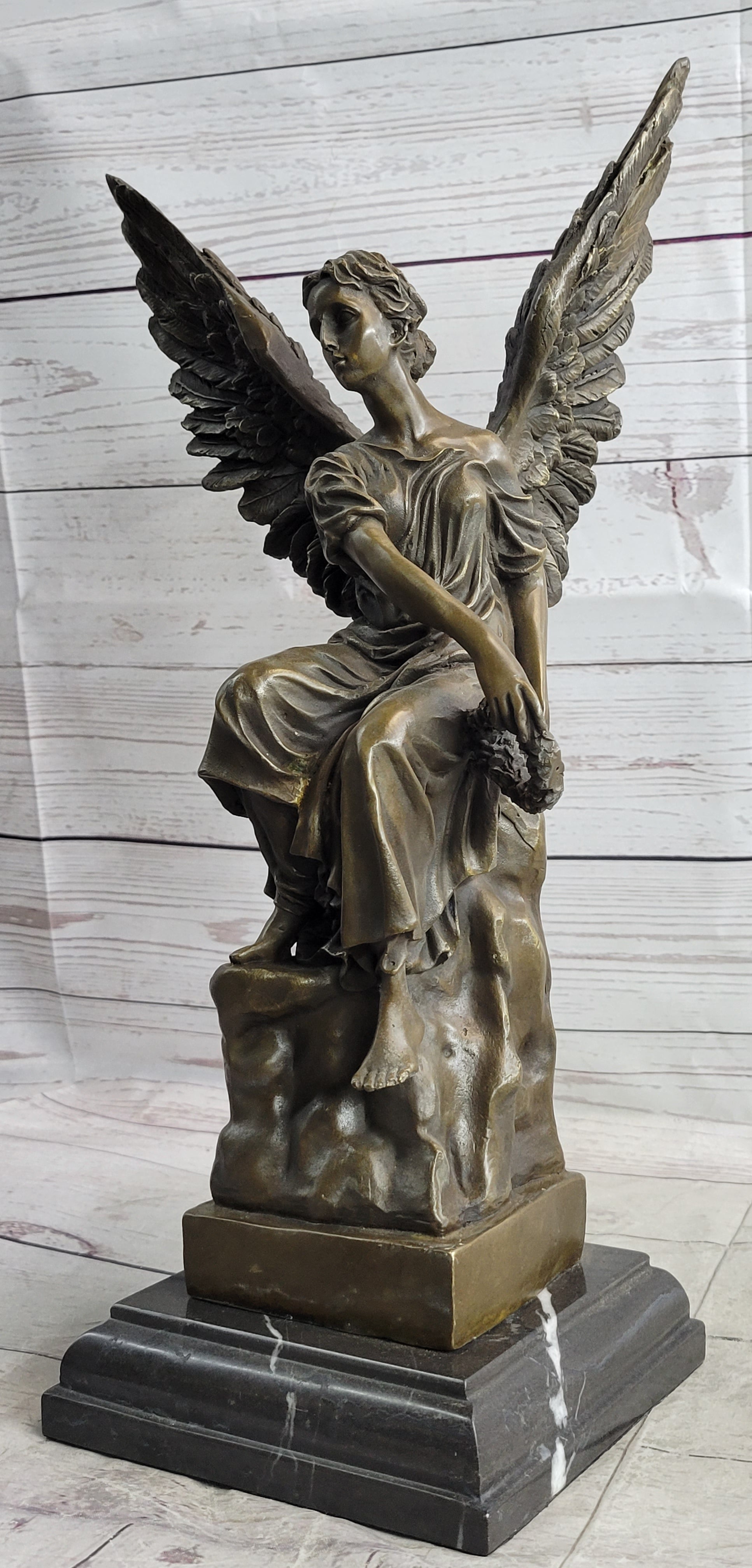 Bronze Seated Angel Holding Wreath Sculpture 17" x 9"
