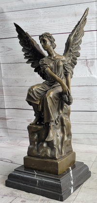 Bronze Seated Angel Holding Wreath Sculpture 17" x 9"