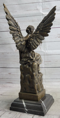 Bronze Seated Angel Holding Wreath Sculpture 17" x 9"