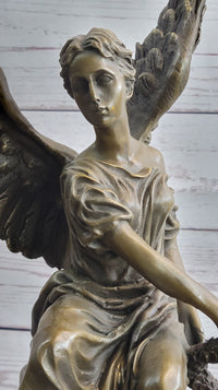 Bronze Seated Angel Holding Wreath Sculpture 17" x 9"