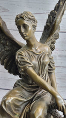 Bronze Seated Angel Holding Wreath Sculpture 17" x 9"