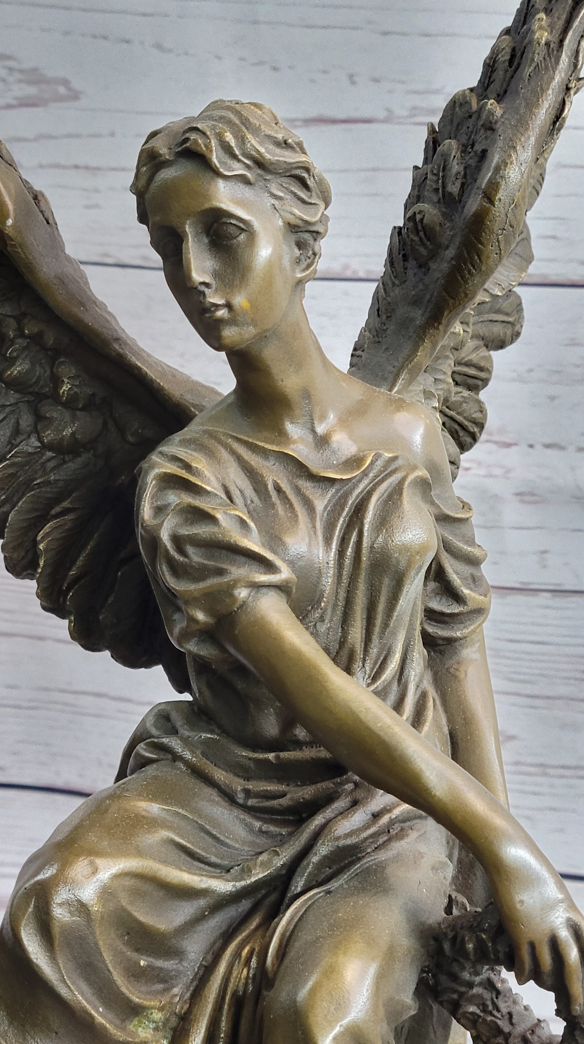 Bronze Seated Angel Holding Wreath Sculpture 17" x 9"