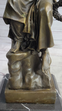 Bronze Seated Angel Holding Wreath Sculpture 17" x 9"
