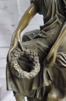 Bronze Seated Angel Holding Wreath Sculpture 17" x 9"