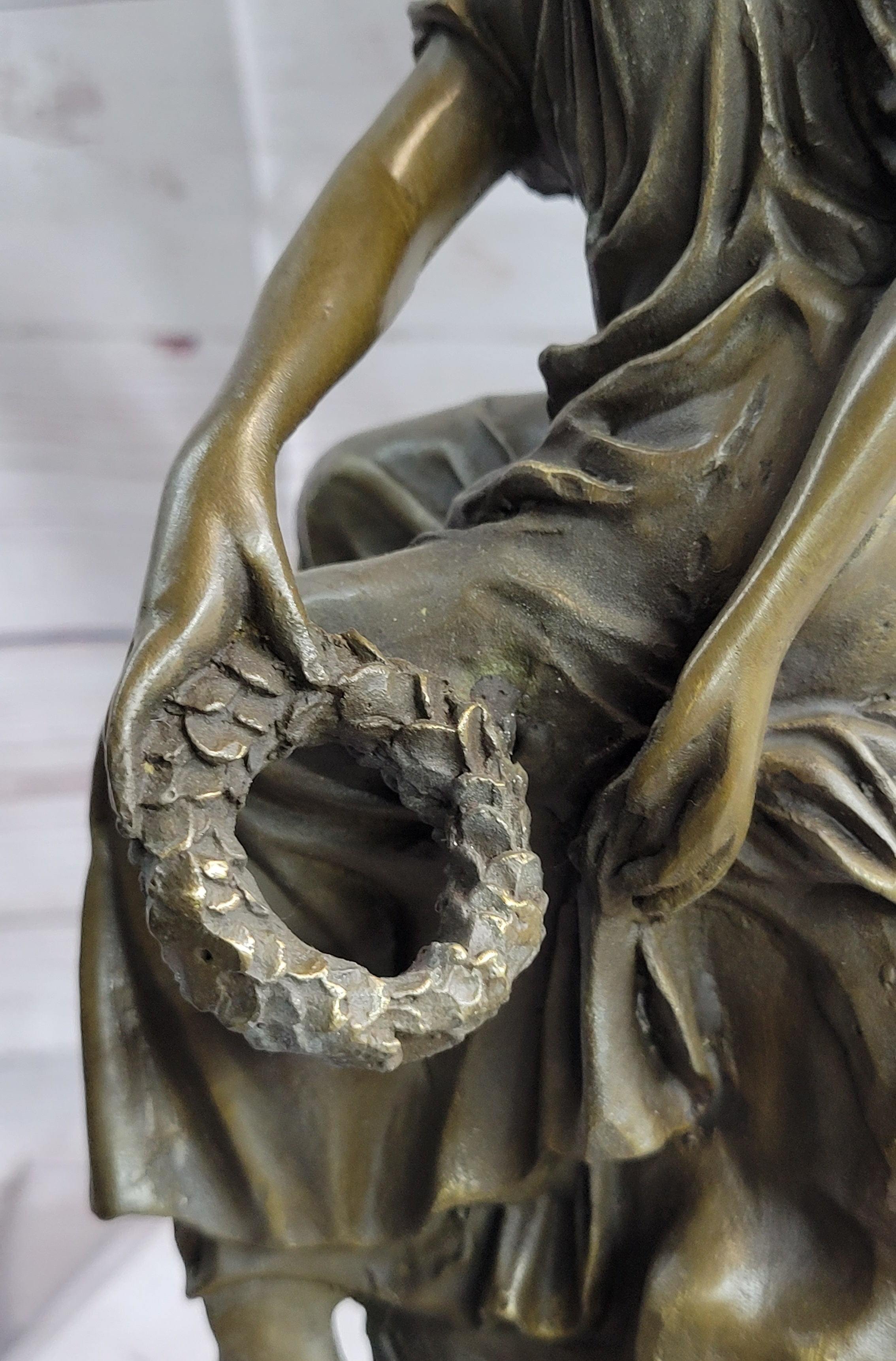 Bronze Seated Angel Holding Wreath Sculpture 17" x 9"