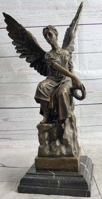 Bronze Seated Angel Holding Wreath Sculpture 17" x 9"