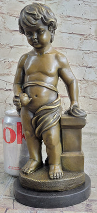 Young Boy Cherub Holding Apple Hot Cast Bronze Sculpture