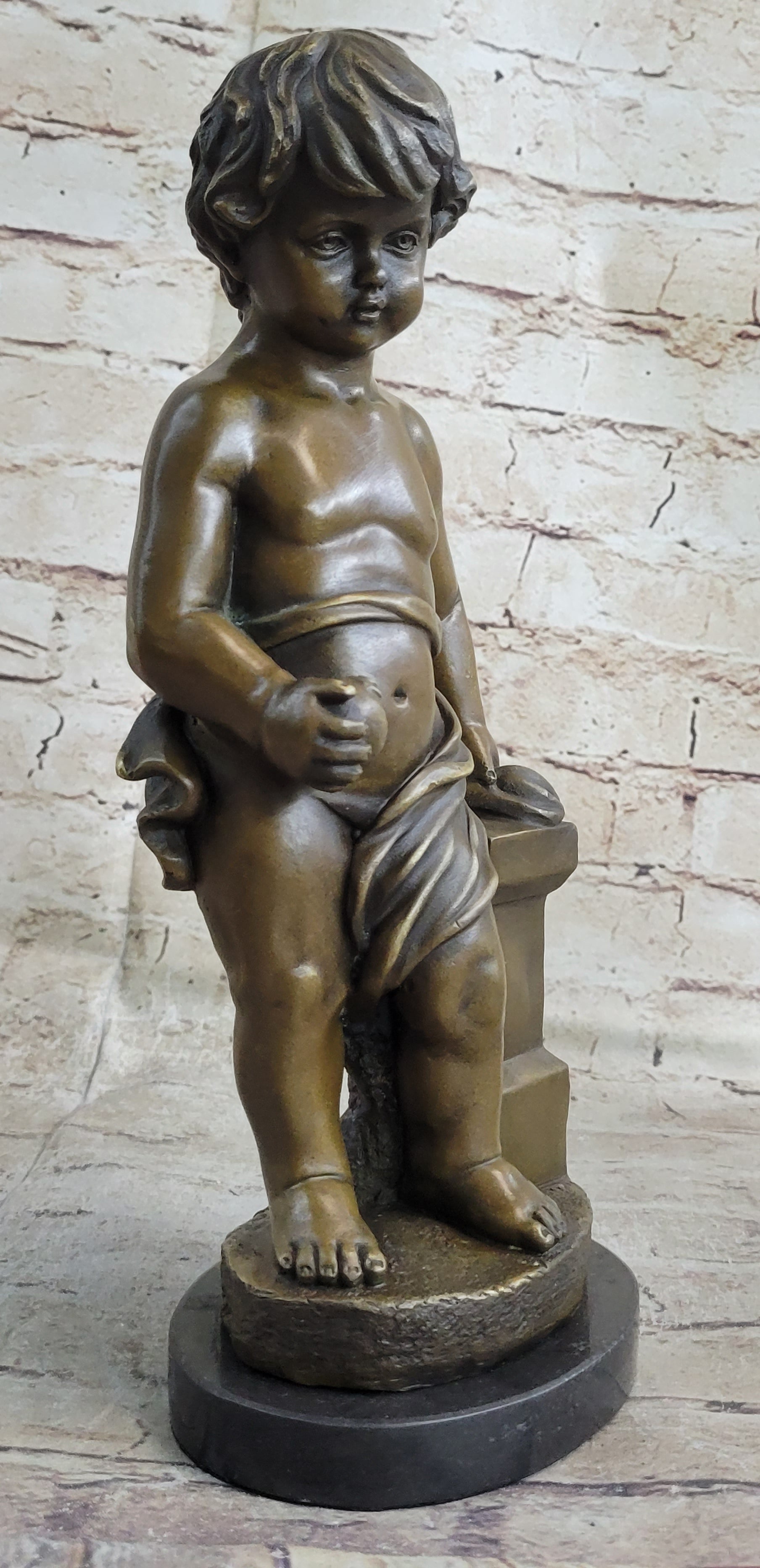 Young Boy Cherub Holding Apple Hot Cast Bronze Sculpture