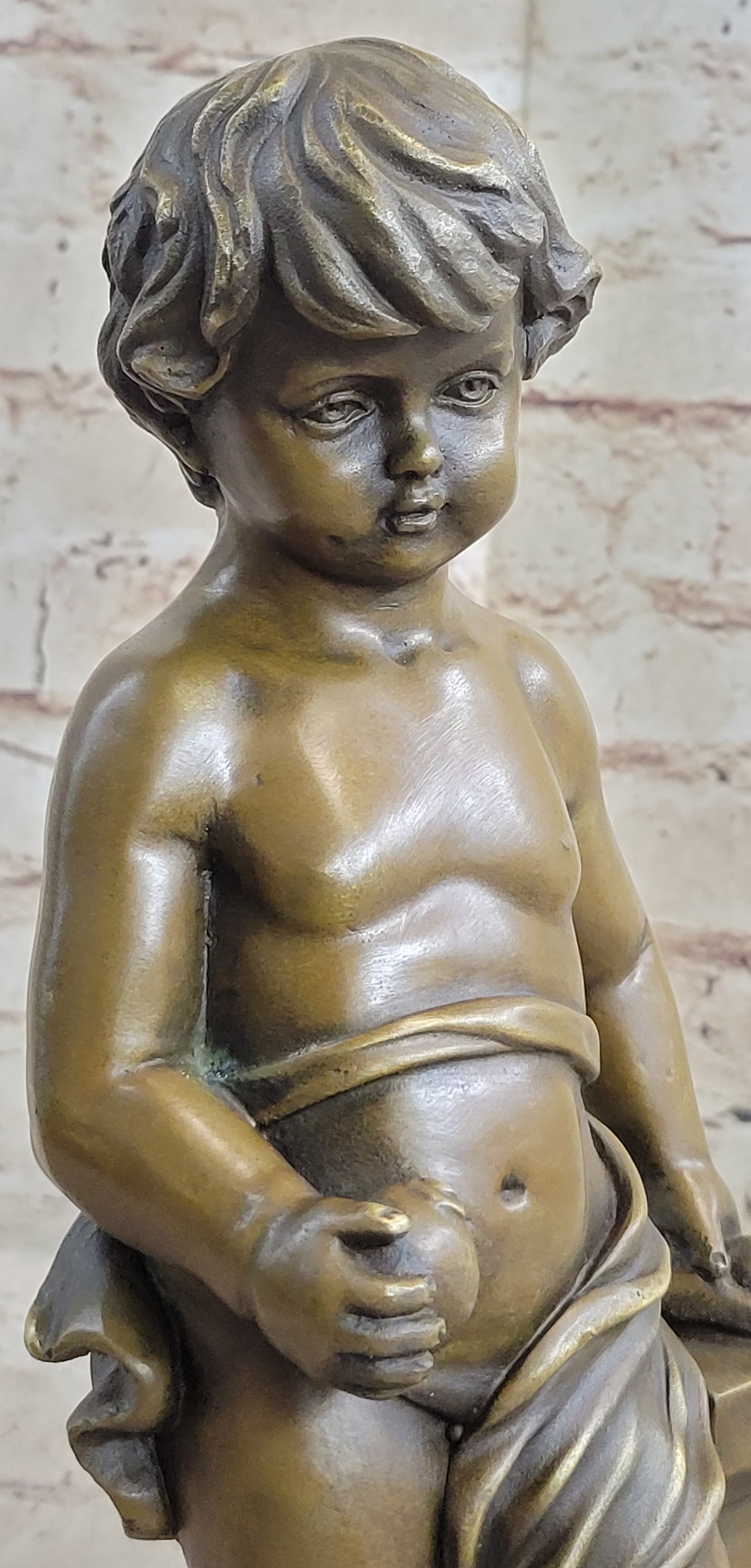 Young Boy Cherub Holding Apple Hot Cast Bronze Sculpture