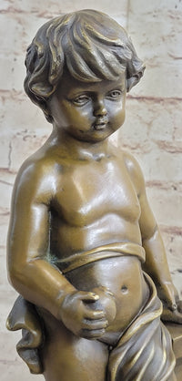 Young Boy Cherub Holding Apple Hot Cast Bronze Sculpture