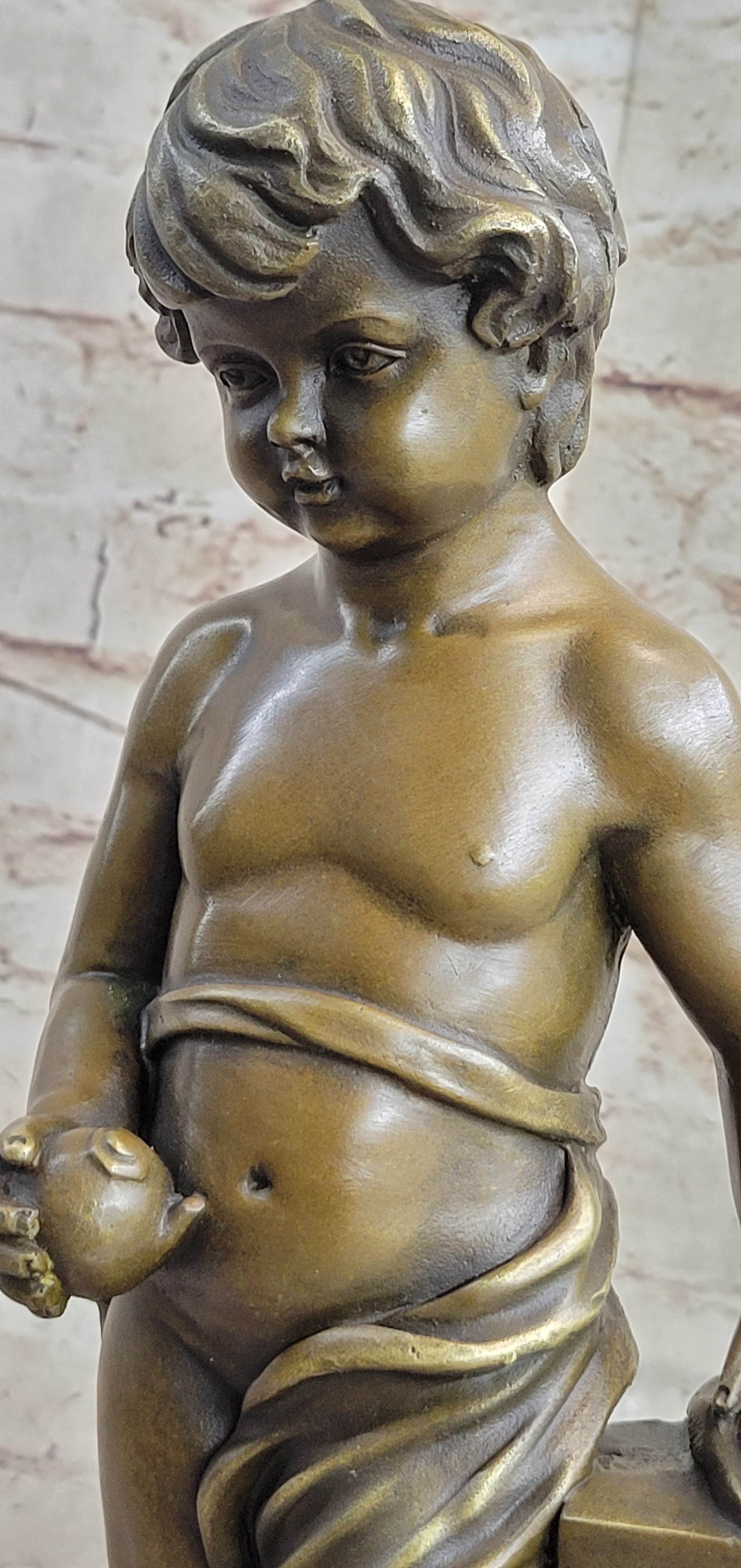 Young Boy Cherub Holding Apple Hot Cast Bronze Sculpture