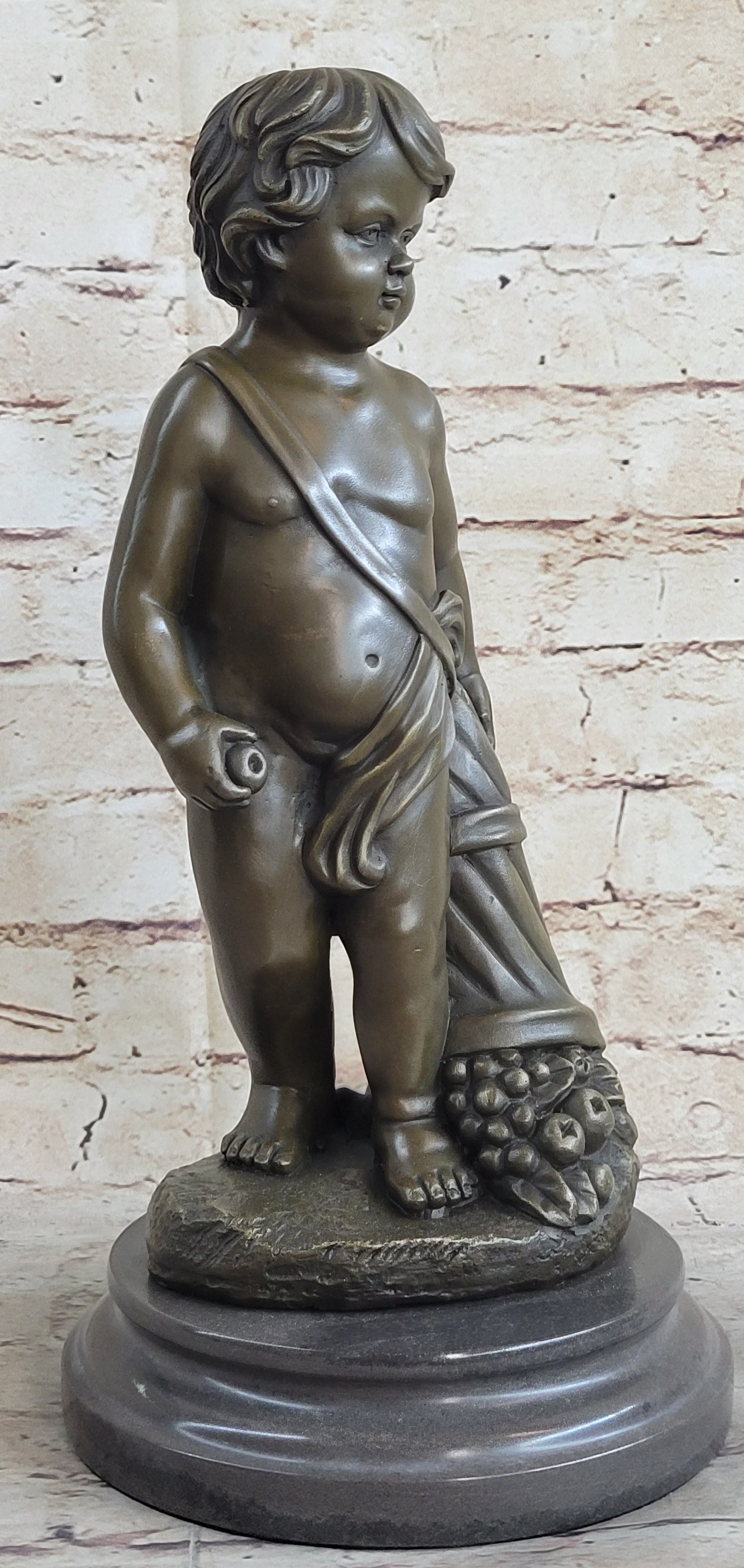 Angelic Young Boy Holding Apple Bronze Sculpture 14" x 6"