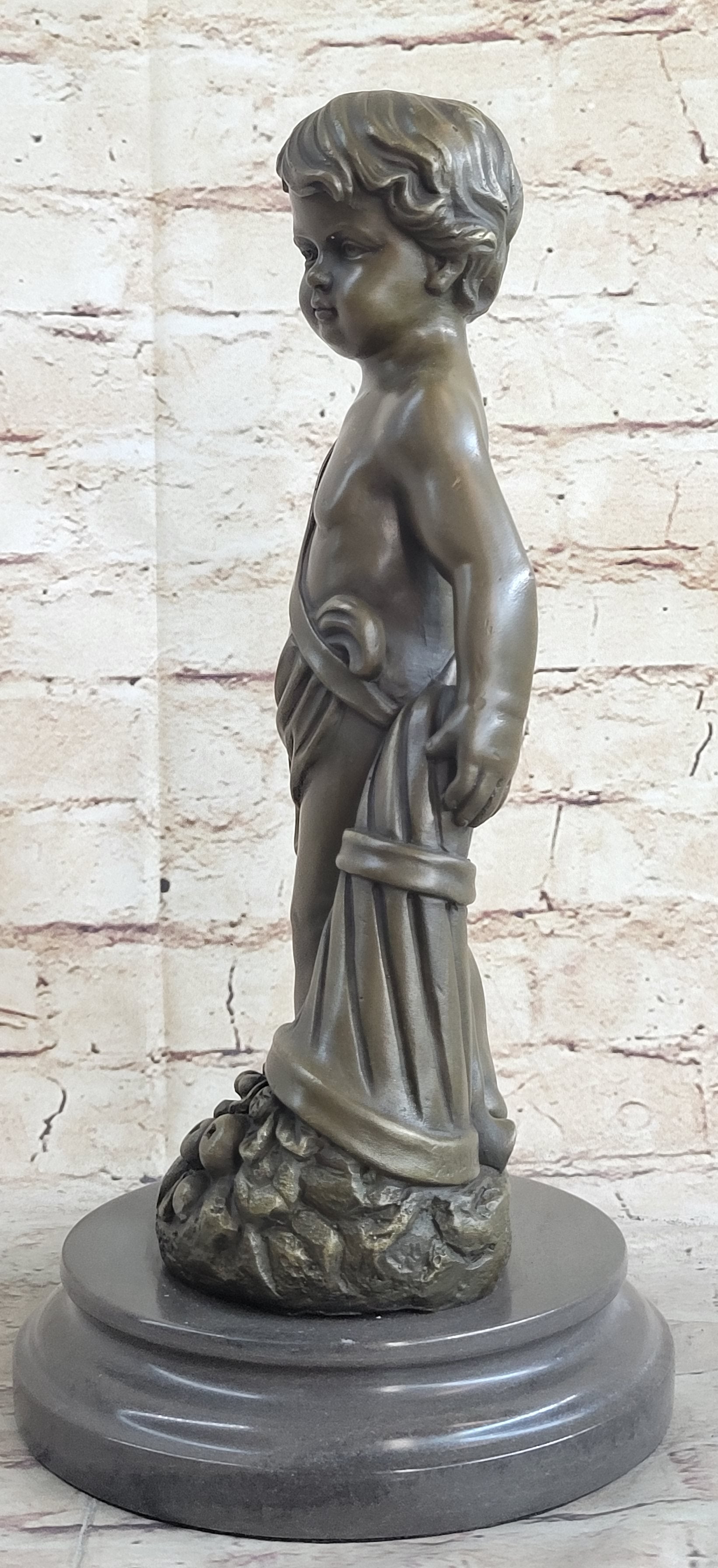 Angelic Young Boy Holding Apple Bronze Sculpture 14" x 6"