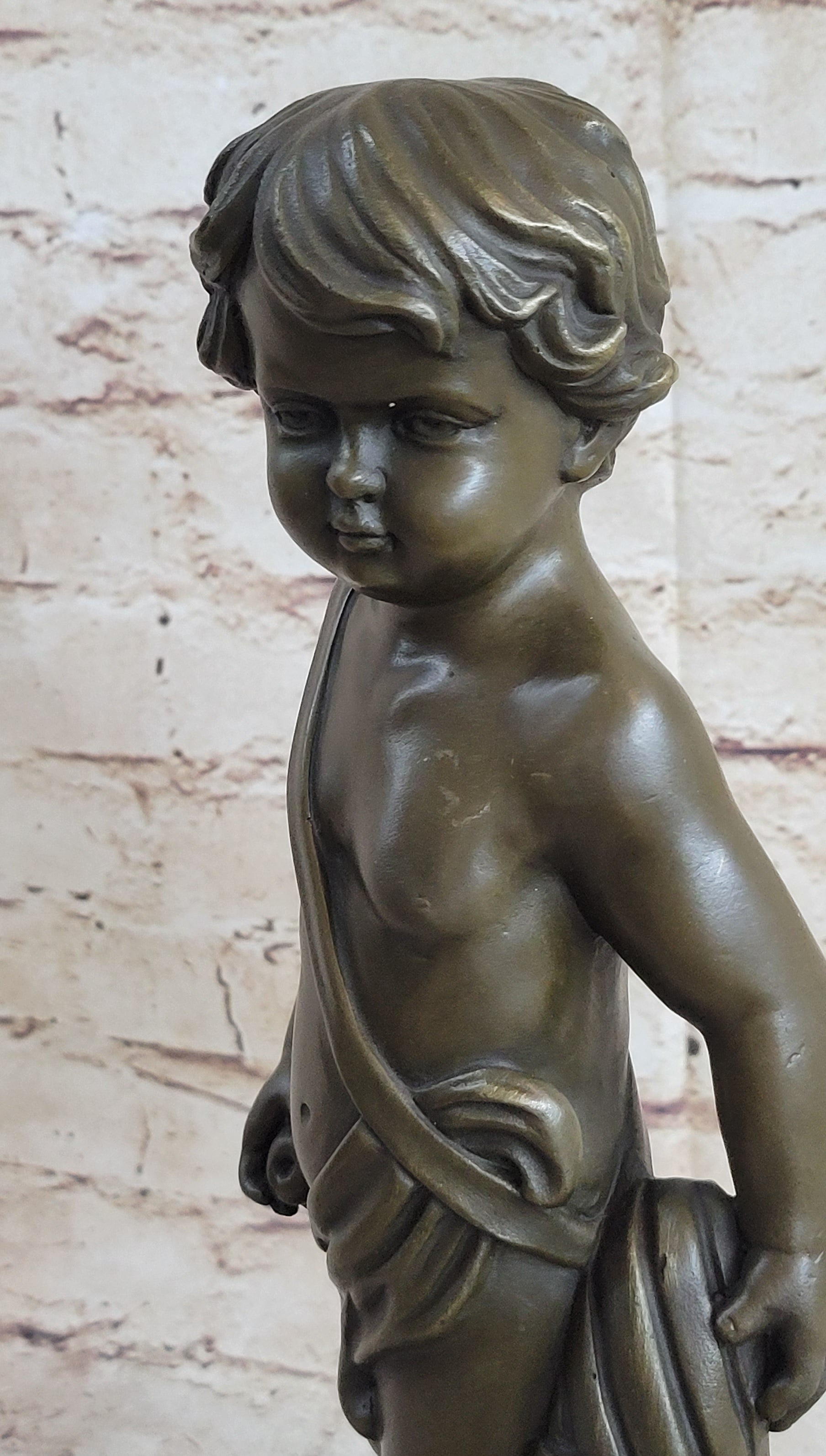 Angelic Young Boy Holding Apple Bronze Sculpture 14" x 6"