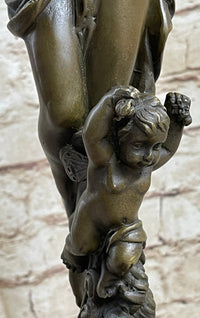 Nude Woman Nymph with Cherub Bronze Sculpture Figure Moreau 15" x 6"