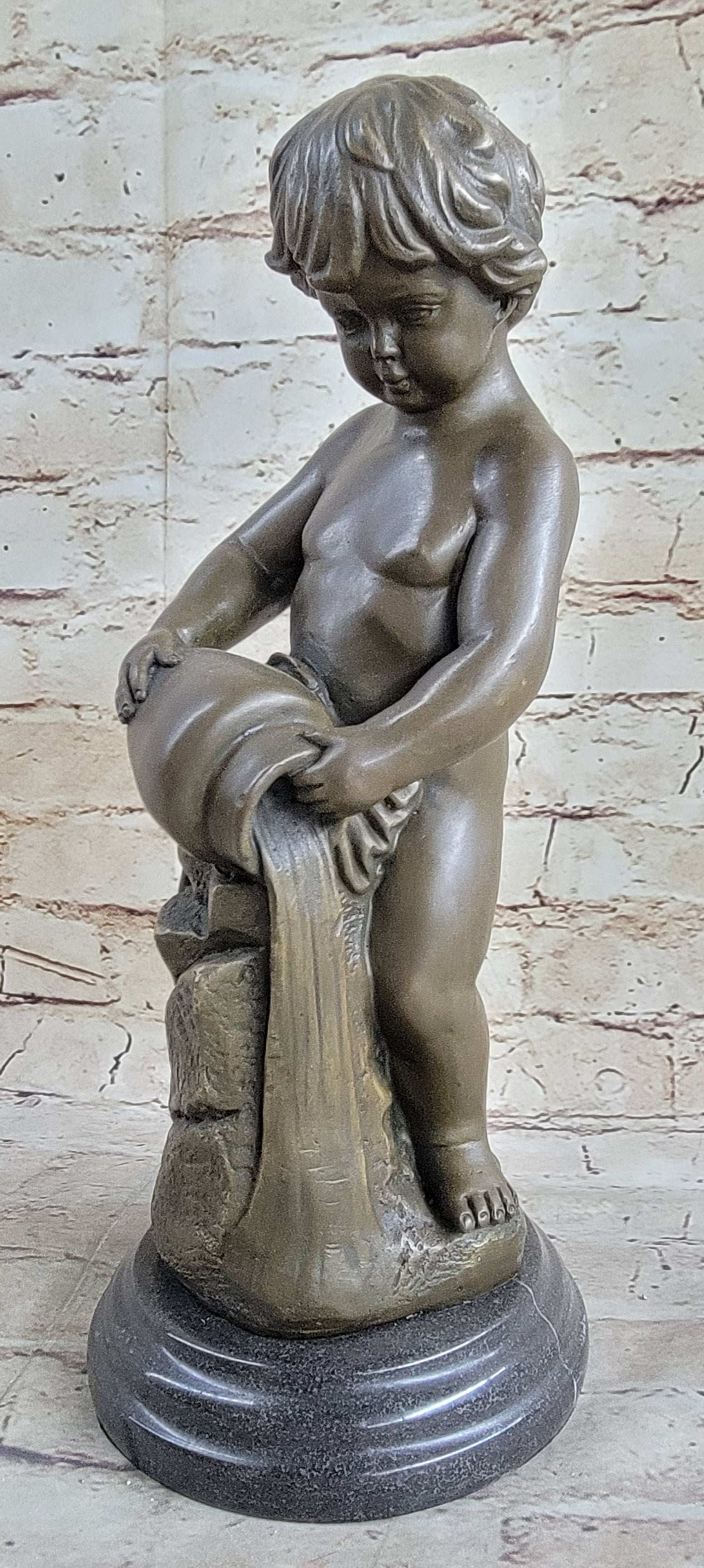 Angelic Young Child Pouring Water Bronze Sculpture 13" X 6"