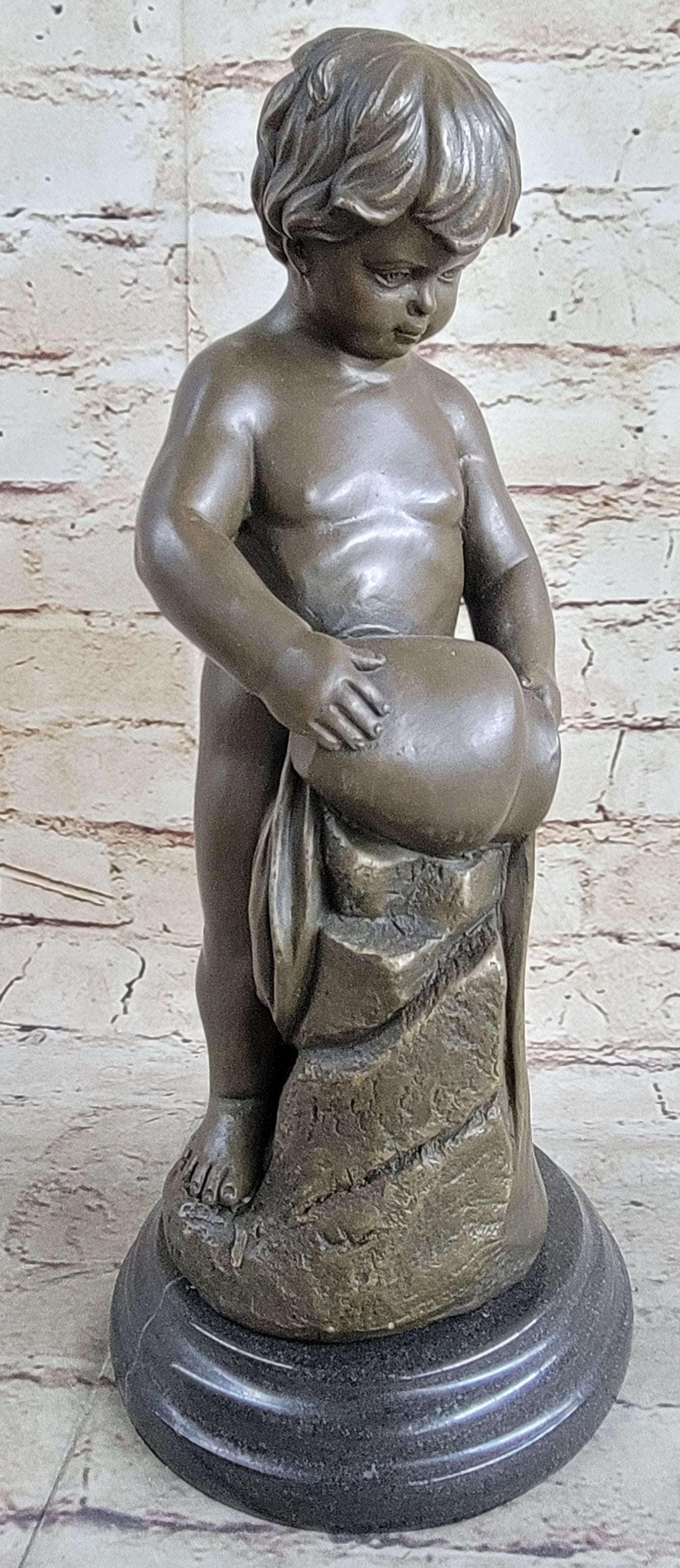 Angelic Young Child Pouring Water Bronze Sculpture 13" X 6"