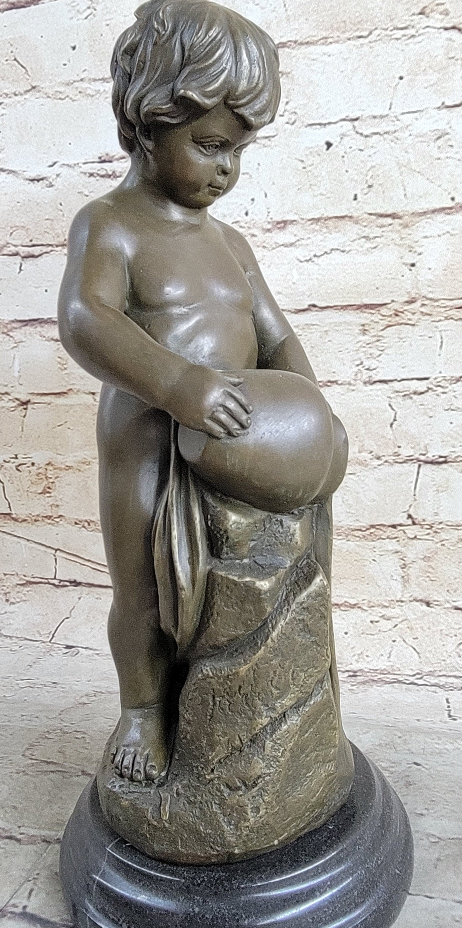 Angelic Young Child Pouring Water Bronze Sculpture 13" X 6"