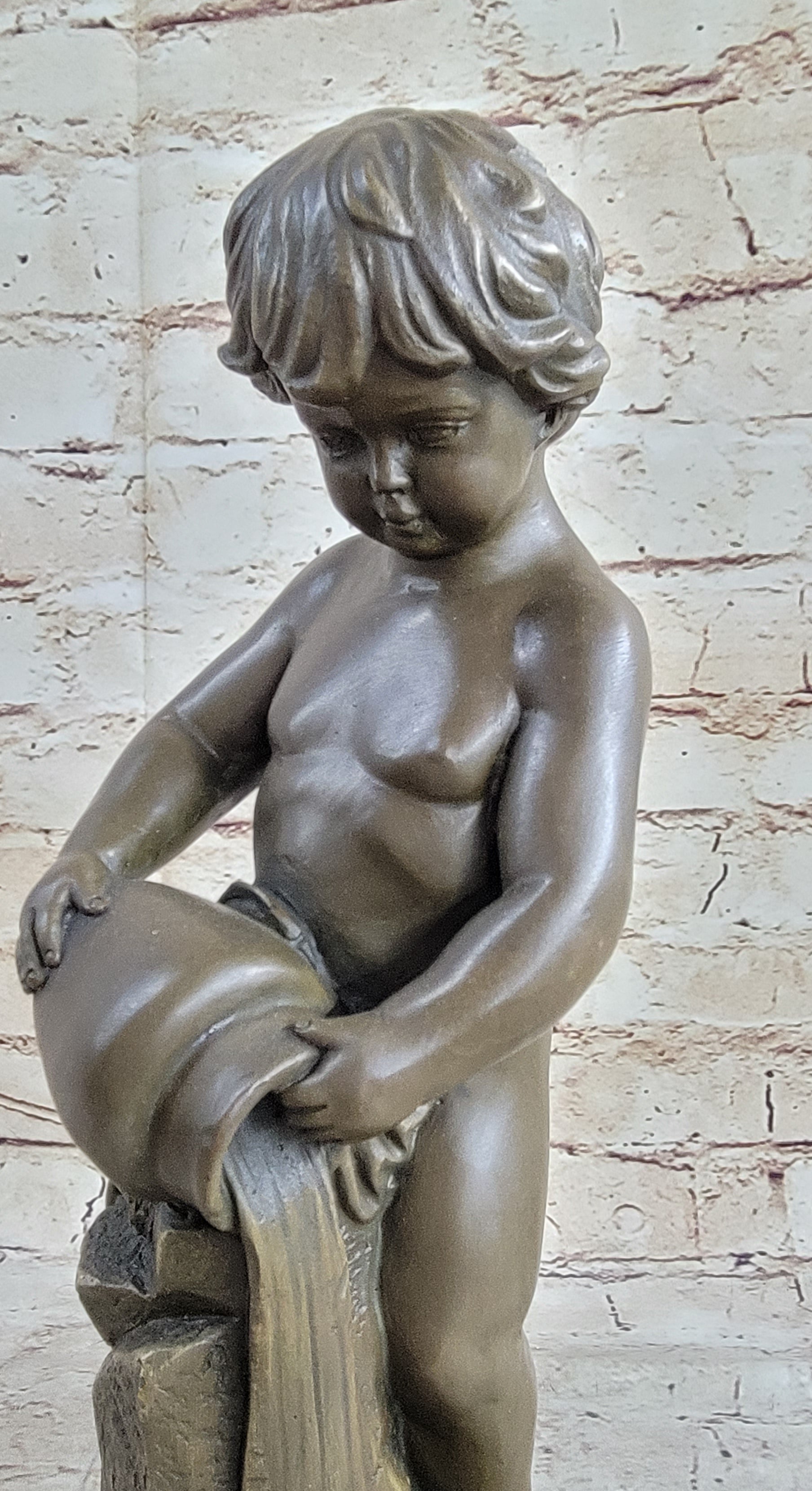 Angelic Young Child Pouring Water Bronze Sculpture 13" X 6"