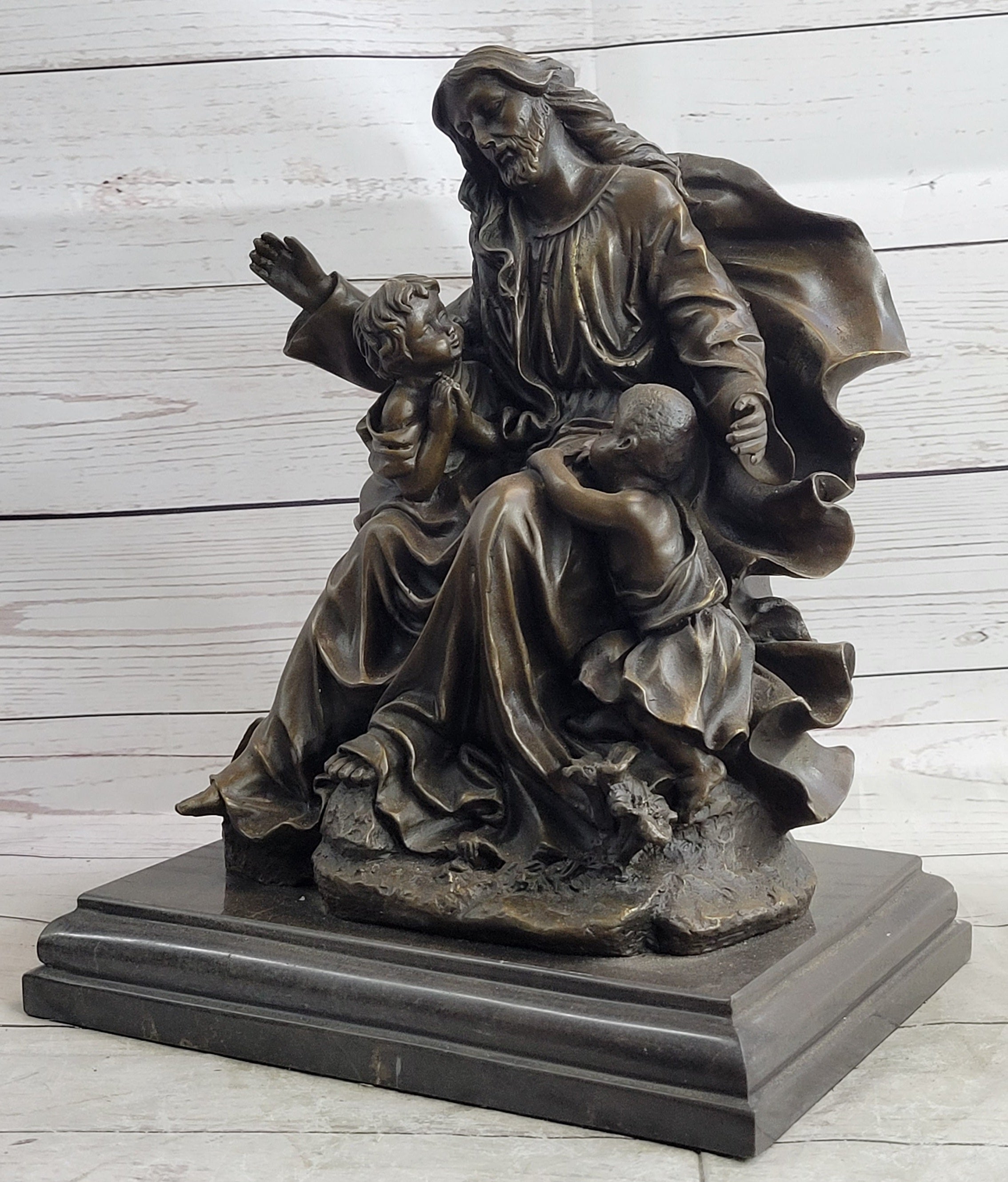 Jesus Christ with Children Bronze Sculpture on Marble Base
