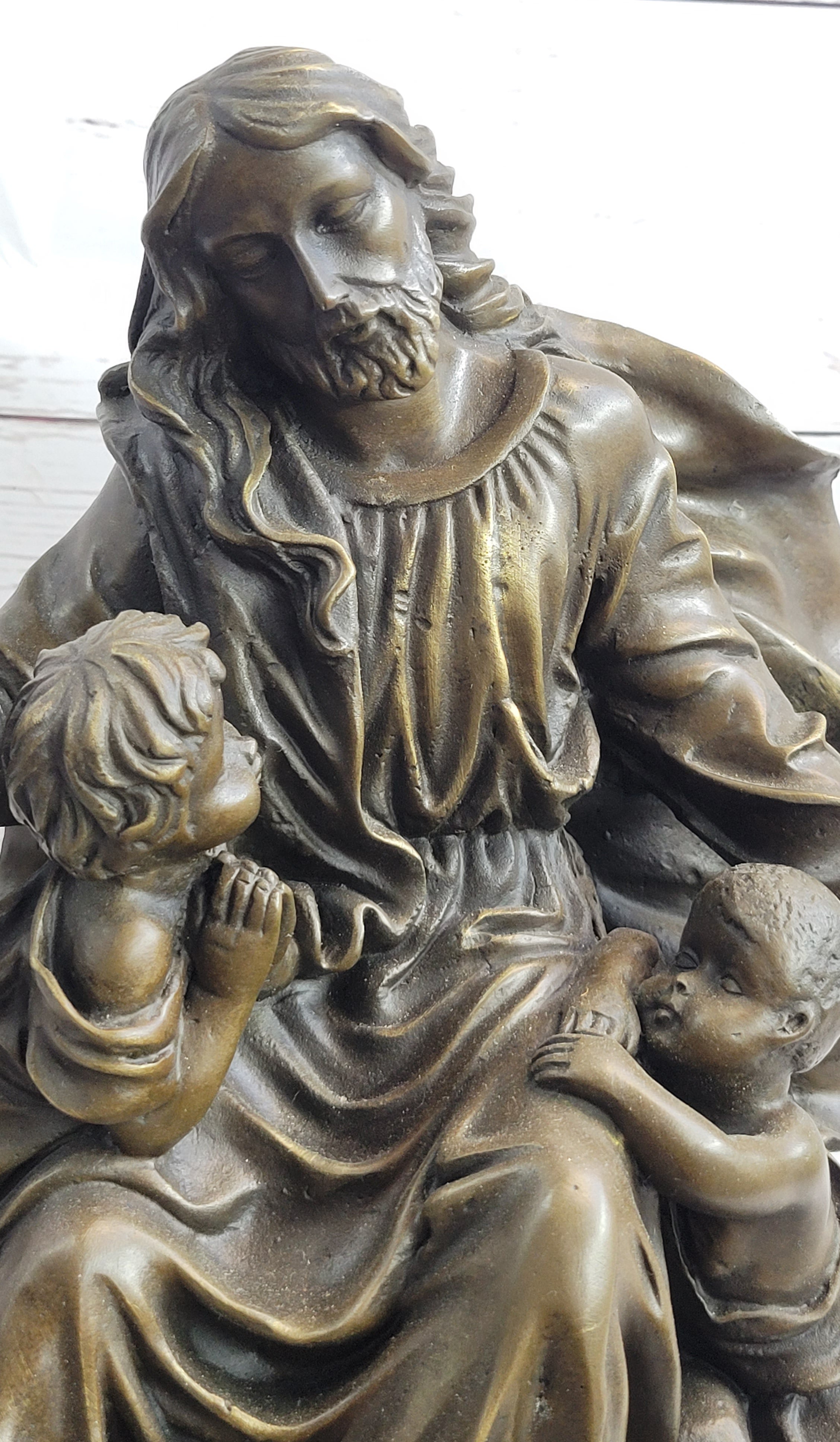 Jesus Christ with Children Bronze Sculpture on Marble Base